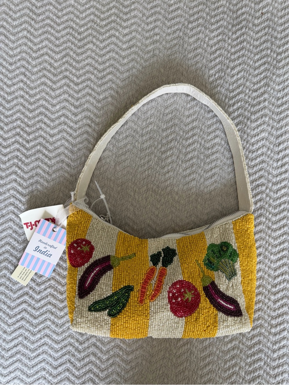 NWT TJ Maxx Handmade Beaded Vegetable Shoulder Bag Yellow Stripe India Purse - Picture 4 of 5
